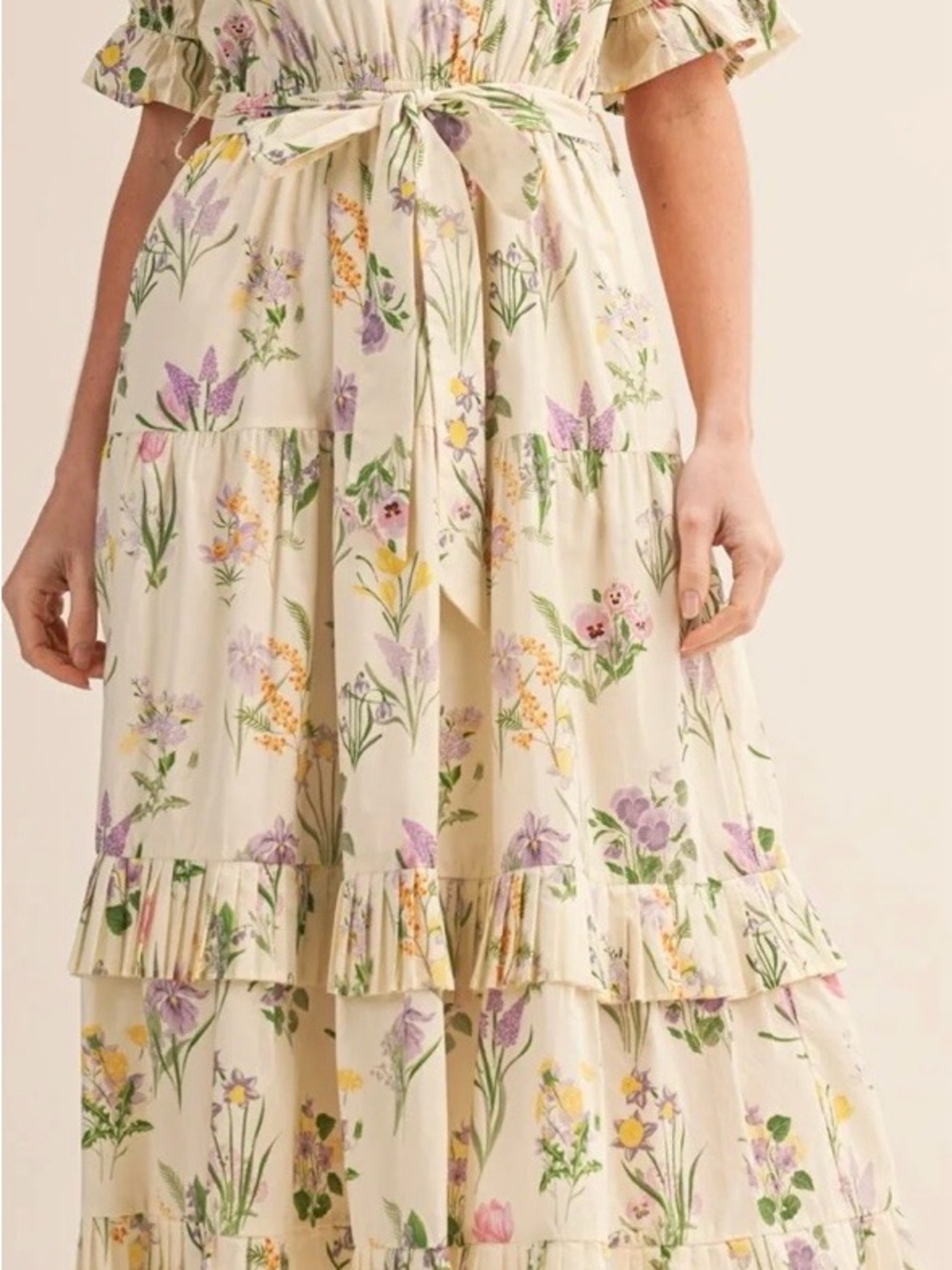 Cream Floral Tiered Midi Dress with Self Tie Belt